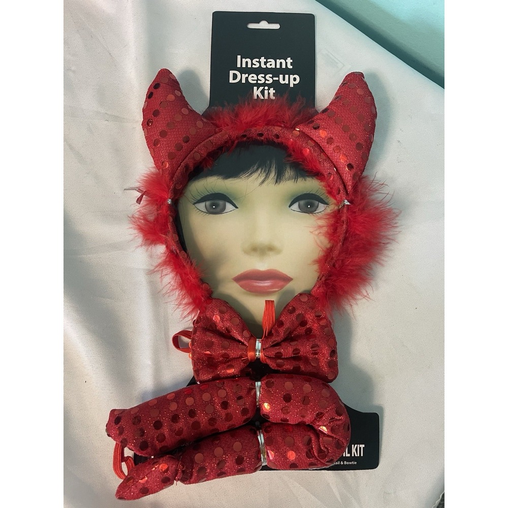 Sequin Devil Headband Bow Tie & Tail Women's Adult Halloween Costume Kit